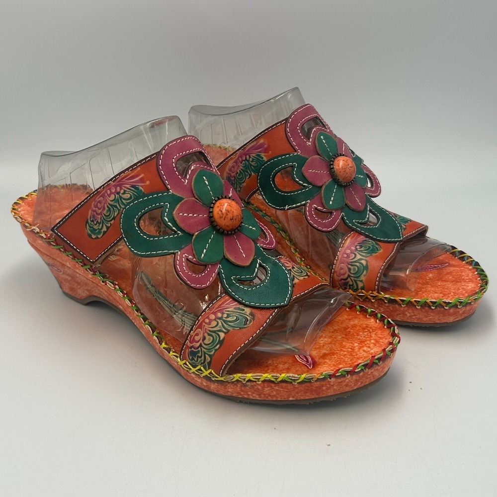 Elite Corkys Leather Sandals Cruise Boho Womens 9 Floral Artsy Tropical Orange